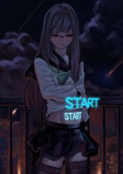  absurdres black_skirt female glasses hehuyezi highres juusan_kihei_bouei_ken long_hair night outdoors red_eyes school_uniform serafuku shirt shooting_star skirt solo standing thighhighs white_shirt yakushiji_megumi zettai_ryouiki 