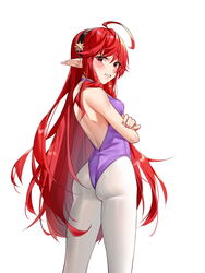  ahoge ass ballerina ballet bare_arms bare_shoulders blush breasts clenched_teeth cowboy_shot crossed_arms dungeon_and_fighter elementalist_(dungeon_and_fighter) female female_mage_(dungeon_and_fighter) from_behind ginklaga grey_background highres leotard long_hair mage_(dungeon_and_fighter) medium_breasts nail_polish pantyhose pink_leotard pointy_ears red_eyes red_hair red_nails simple_background solo teeth white_background white_pantyhose 