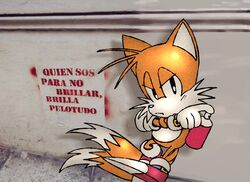  2022 2_tails anthro biped canid canine cheek_tuft classic_sonic_(universe) clothing facial_tuft footwear fox full-length_portrait fur gloves half-closed_eyes handwear kayllacat looking_at_viewer male mammal multi_tail narrowed_eyes photo_background photography_(artwork) portrait sega shoes solo sonic_the_hedgehog_(series) spanish_text spray_can tail tails text translated tuft yellow_body yellow_fur 