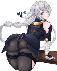  ass atelier_(series) atelier_ryza atelier_ryza_1 bare_shoulders bodysuit breasts commentary_request crossed_bangs curvy female from_behind grey_hair hair_ornament hairclip heterochromia large_breasts leaning_forward lila_decyrus long_hair looking_back low_twintails moppo multi-tied_hair open_mouth pale_skin simple_background solo thighs twintails white_background 