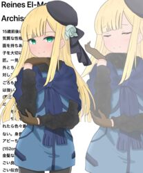  absurdres atsumisu bad_id bad_pixiv_id beret black_headwear black_legwear black_ribbon blonde_hair blue_dress blue_flower blue_rose brown_gloves character_name closed_eyes closed_mouth commentary_request dress fate/grand_order fate_(series) female flower fringe_trim gloves green_eyes hair_flower hair_ornament hair_ribbon hat highres long_hair long_sleeves looking_at_viewer lord_el-melloi_ii_case_files multiple_views pantyhose reines_el-melloi_archisorte ribbon rose simple_background smile text_background tilted_headwear translation_request very_long_hair white_background zoom_layer 