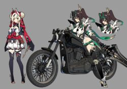  2girls black_hair black_legwear blonde_hair breasts commentary_request double_bun gauntlets green_hair hair_bun holding holding_sword holding_weapon hood leotard looking_at_viewer motor_vehicle motorcycle multiple_girls orange_eyes original red_eyes side_ponytail sunglasses sword thighhighs weapon wulazula 