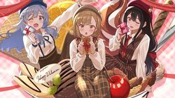  3girls :o ;d aitsuki_nakuru black_hair blonde_hair blue_hair box cherry commentary_request food fruit gift gift_box happy_valentine holding holding_gift in_food la_priere light_blue_hair long_hair low_twintails multiple_girls narumi_nanami natsume_itsuki_(voice_actor) nayuta_(voice_actor) one_eye_closed open_mouth oversized_food oversized_object smile twintails utaite v-shaped_eyebrows valentine 