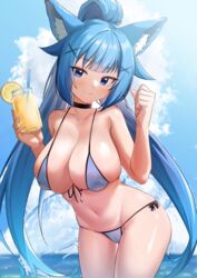  absurdres animal_ear_fluff animal_ears bikini black_choker blue_eyes blue_hair breasts cameltoe choker cleavage closed_mouth collarbone commentary commission cowboy_shot cup day drinking_glass female food fox_pria front-tie_bikini_top front-tie_top fruit groin hair_ornament hands_up highres holding korean_commentary large_breasts lemon lemon_slice long_hair looking_at_viewer navel original outdoors ponytail side-tie_bikini_bottom skindentation smile solo standing stomach string_bikini swimsuit tail thighs very_long_hair wet white_bikini wweed x_hair_ornament 