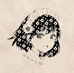  :d commentary_request female flower frills from_side greyscale looking_to_the_side maeya_susumu maid-san_wa_taberu_dake maid_headdress medium_hair monochrome open_mouth patterned_hair portrait smile solo suzume_(maid-san_wa_taberu_dake) traditional_media 