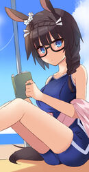  animal_ears bad_id bad_twitter_id bare_shoulders black_hair blue_eyes blue_one-piece_swimsuit blush book braid braided_ponytail breasts cloud day female glasses highres holding holding_book horse_ears horse_girl horse_tail kiyu_rei knees_up large_breasts long_hair looking_at_viewer low_ponytail one-piece_swimsuit outdoors school_swimsuit sitting solo swimsuit tail tracen_swimsuit umamusume unfinished zenno_rob_roy_(umamusume) 