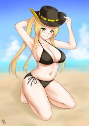  azur_lane barefoot beach bikini black_bikini blonde_hair blush breasts cleavage collarbone commentary_request cowboy_hat day female green_eyes hat highres hornet_(azur_lane) kamui_aya large_breasts long_hair looking_at_viewer midriff navel outdoors side-tie_bikini_bottom signature simple_background sitting smile solo swimsuit toes twintails very_long_hair 