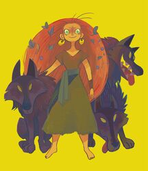  bad_id bad_pixiv_id barefoot dress earrings facial_mark female green_eyes jewelry katou_(osoraku) leaf long_hair mebh_og_mactire red_hair smile tongue tongue_out very_long_hair wolf wolfwalkers yellow_background yellow_eyes 