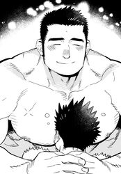  2boys bara blush completely_nude greyscale kijima_hyogo large_pectorals long_sideburns male_focus mature_male monochrome multiple_boys muscular muscular_male nipples nude pectorals protagonist_(f-kare) short_hair shoukan_yuusha_to_f-kei_kareshi sideburns smile sol_(f-kare) solo_focus tearing_up 