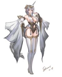  armpits bare_shoulders black_leotard boots breast_curtains breasts bridal_gauntlets chinese_commentary cleavage clothing_cutout commentary_request dated detached_sleeves dragon_tail earrings female full_body garter_straps grey_hair hair_between_eyes hand_on_own_hip hand_up headgear horns jewelry large_breasts leotard looking_at_viewer md5_mismatch medium_hair navel navel_cutout original parted_lips pointy_ears red_eyes resolution_mismatch sidelocks signature simple_background single_horn skindentation smile solo source_larger standing stmast tail tassel thigh_boots thighhighs white_background white_footwear white_sleeves wide_sleeves 