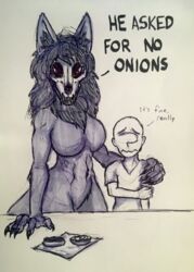  ?_face anon anthro bone breasts burger canid canine canis claws dantes dialogue duo faceless_character faceless_male female food fur grey_body grey_fur humanoid ink male male/female malo mammal mane nude pen scp-1471 scp-1471-a scp_foundation skull skull_head tasteful_nudity text traditional_media_(artwork) victordantes wolf writing_utensil 