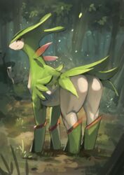  absurdres ass eguchi_tumoru forest full_body highres looking_at_viewer looking_back nature no_humans orange_eyes outdoors pokemon pokemon_(creature) solo tree virizion 