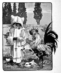  1920 20th_century 4_toes 5:6 ancient_art anthro avian beads biped bird brick_wall canid canine chanteclere chicken christian_symbol christianity clothed clothing cross detailed_background duo feathers feet footwear fox fully_clothed galliform gallus_(genus) grey_streaks greyscale hi_res holding_object joseph_jacinto_mora male mammal melee_weapon monochrome nude outside phasianid plant prayer_beads public_domain religion religious_clothing reynard_the_fox rosary sandals signature sky sword tail tail_feathers text toes traditional_media_(artwork) tree wall_(structure) weapon 