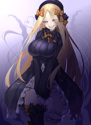  abigail_williams_(fate) aged_up alternate_breast_size black_dress black_hat black_panties blonde_hair bloomers blue_eyes bow breasts colored_skin commentary dress evil_grin evil_smile fate/grand_order fate_(series) female forehead frilled_sleeves frills grin hairbow hat highres large_breasts long_hair long_sleeves multiple_hair_bows navel orange_bow panties parted_bangs polka_dot polka_dot_bow sharp_teeth sleeves_past_wrists smile solo teeth tentacle underwear very_long_hair watosu white_bloomers white_hair white_skin witch_hat 