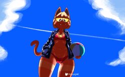  absurd_res animal_crossing anthro ass backlighting ball beach_ball big_sister_villager bikini blonde_hair blue_sky breasts brown_body brown_fur butt_from_the_front clothed clothing cloud digital_media_(artwork) domestic_cat fangs felid feline felis female fur gold_(metal) gold_jewelry hair hand_in_pocket hi_res inflatable jacket jewelry katt_(animal_crossing) leather leather_clothing leather_jacket leather_topwear light lighting looking_at_viewer looking_down low-angle_view mammal minus8 navel nintendo open_clothing open_jacket open_topwear pockets simple_background sky small_breasts solo stripes swimwear teeth topwear watermark wide_hips 