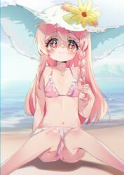  beach bikini blush braid collarbone commentary female flower flower_in_hat genderswap_(mtf) hat hat_flower highres looking_at_viewer mochitsuki_kagami navel ocean onii-chan_wa_oshimai! orange_eyes oyama_mahiro pink_hair rule_63 single_braid sitting smile solo straw_hat sun_hat swimsuit 