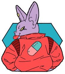  akira_(film) alien anthro aoji champa clothing domestic_cat dragon_ball dragon_ball_super ear_piercing ear_ring felid feline felis hi_res jacket looking_back male mammal piercing purple_body ring_piercing simple_background solo tongue tongue_out topwear voice_actor_joke yellow_eyes 