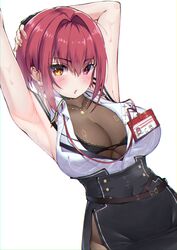  absurdres armpits arms_up black_gloves black_skirt blush bodystocking breasts cleavage collared_shirt commentary earrings female fingerless_gloves gloves heart heart_necklace heterochromia highres himeliofon hololive houshou_marine houshou_marine_(businesswoman) id_card jewelry large_breasts lips looking_at_viewer necklace office_lady official_alternate_costume open_mouth pantyhose red_eyes red_hair see-through see-through_cleavage shirt short_hair side_slit simple_background skirt sleeveless solo sweat virtual_youtuber white_background yellow_eyes 