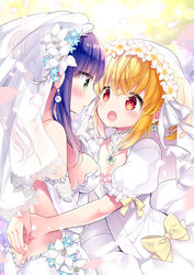  2girls anne_happy ass back blonde_hair blue_hair blush bow breasts bridal_gauntlets bridal_veil bride cleavage commentary dress earrings eye_contact flower green_eyes hanakoizumi_an hibarigaoka_ruri hug jewelry kotoji long_hair looking_at_another medium_breasts medium_hair multiple_girls necklace official_art open_mouth petals red_eyes sideboob small_breasts veil wedding_dress wife_and_wife yuri 