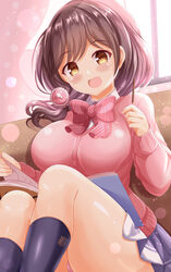  :d black_socks blue_sky blush bow breasts brown_eyes brown_hair cardigan collared_shirt commentary_request curtains feet_out_of_frame female food highres holding holding_food large_breasts looking_at_viewer ongeki panties panty_peek pink_bow pink_cardigan pink_panties pleated_skirt pocky sakurai_haruna_(ongeki) school_uniform shirt skirt sky smile socks solo striped striped_bow sunlight underwear vertical-striped_bow vertical_stripes white_shirt window xenon_(for_achieve) 