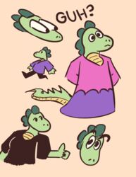  alligator alligatorid ambiguous_gender anthro clothed clothing crocodilian digital_media_(artwork) female green_body group guh? reptile scalie simple_background text thegunkster 