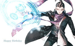  1boy black_hair black_jacket black_pants commentary_request cowboy_shot danganronpa_(series) danganronpa_2:_goodbye_despair earrings facial_tattoo floating_scarf happy_birthday jacket jewelry legs_apart long_sleeves looking_at_viewer magic_circle male_focus multicolored_hair open_clothes pants print_shirt ring sakuyu scarf shirt short_hair solo standing tanaka_gundham tattoo white_shirt 