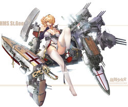  blonde_hair blue_eyes breasts cannon cross damaged female high_heels highres large_breasts machinery panties ponytail saint_george_(warship_girls_r) sidelocks smoke solo thighhighs turret underwear warship_girls_r white_panties white_thighhighs windforcelan 