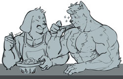  2boys absurdres animal_ear_fluff animal_ears apron bara blue_doggo_(ttn) bruise couple dog_boy dog_ears eating facial_hair furry furry_male goatee_stubble happy hickey highres injury large_pectorals male_focus monochrome multiple_boys muscular muscular_male naked_apron nipples original pectorals short_hair sparkle stubble thick_eyebrows ttn_(239_239) two-tone_fur upper_body white_fur yaoi 