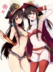  2girls ;d arm_up armpits bad_id bad_pixiv_id bare_shoulders belt bikini black_bikini black_hair black_headwear blush breasts cape cleavage collarbone crest dual_persona epaulettes family_crest fate/grand_order fate_(series) fur_trim gloves grin guitar gun hat headphones headphones_around_neck instrument kodamari koha-ace long_hair looking_at_viewer medium_breasts multiple_girls navel oda_nobunaga_(fate) oda_nobunaga_(koha-ace) oda_nobunaga_(swimsuit_berserker)_(fate) oda_nobunaga_(swimsuit_berserker)_(second_ascension)_(fate) oda_uri one_eye_closed open_mouth oversized_object peaked_cap red_bikini red_eyes red_gloves red_legwear santa_bikini sidelocks simple_background smile swimsuit sword thighhighs thighs v weapon white_background white_cape white_headwear 