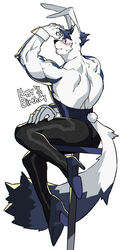  1boy absurdres alternate_costume animal_ear_fluff animal_ears ass bara blue_doggo_(ttn) blue_fur blue_hair blue_leotard blush crossdressing dog_boy dog_ears facial_hair fake_animal_ears fake_tail fishnet_pantyhose fishnets from_behind full_body furry furry_male goatee_stubble happy_birthday high_heels highres large_pectorals leotard looking_back male_focus male_playboy_bunny muscular muscular_male nervous_sweating original pantyhose pectorals rabbit_ears rabbit_tail short_hair shy sitting solo stubble sweat tail thick_eyebrows ttn_(239_239) two-tone_fur white_fur 