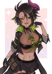  aragami_oga arm_tattoo bandeau belt belt_pouch black_bandeau black_belt black_choker black_footwear black_gloves black_hair black_jacket black_skirt boots breasts brown_shirt camouflage choker commentary_request cropped_jacket dark-skinned_female dark_skin earrings female genderswap_(mtf) gloves green_eyes green_hair green_jacket hair_between_eyes highres holostars horns jacket jewelry large_breasts looking_at_viewer midriff miniskirt multicolored_hair navel oerba_yun_fang onion_(kionlin322) open_clothes open_jacket partially_fingerless_gloves pleated_skirt pouch purple_horns red_pupils revealing_clothes ringed_eyes rule_63 see-through shirt short_hair simple_background single_horn skirt solo tattoo thigh_boots virtual_youtuber white_background zettai_ryouiki 