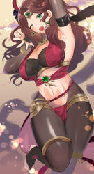  alternate_costume armpits breasts brown_hair cleavage dorothea_arnault dorothea_arnault_(plegian) earrings elbow_gloves female fingerless_gloves fire_emblem fire_emblem:_three_houses fire_emblem_heroes gloves green_eyes highres jewelry kh_(tanakananataka) large_breasts long_hair looking_at_viewer midriff one_eye_closed open_mouth smile solo 