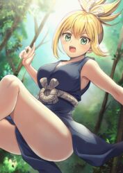  bare_legs blonde_hair blue_dress blush collarbone commentary_request day dr._stone dress female forest green_eyes hair_between_eyes kohaku_(dr._stone) looking_at_viewer nanase_(nns_6077) nature open_mouth outdoors sleeveless sleeveless_dress solo tied_hair 