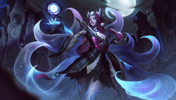  absurdres ahri_(league_of_legends) animal_ears blue_eyes bracelet breasts buwenyineng cleavage energy_ball english_commentary eyeshadow facial_mark female fingernails fox_ears fox_girl fox_tail full_moon glowing glowing_eyes hair_ornament highres jewelry large_breasts league_of_legends long_hair looking_ahead makeup moon moonlight multiple_tails official_alternate_costume official_alternate_hairstyle outdoors parted_bangs purple_eyeshadow purple_hair ruins sharp_fingernails snow_moon_ahri solo standing tail whisker_markings wide_sleeves 