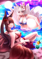  2girls akagi_(azur_lane) akagi_(paradise_amaryllis)_(azur_lane) animal_ears azur_lane bad_id bad_pixiv_id ball bare_shoulders bikini blue_bikini blue_eyes blush breasts brown_hair cleavage closed_mouth cocktail_glass collarbone crossed_legs cup drinking_glass flower fox_ears fox_girl fox_tail hair_flower hair_ornament highres kaga_(azur_lane) kaga_(everlasting_killing_stone)_(azur_lane) legs lips long_hair looking_at_viewer mask mask_on_head medium_breasts multiple_girls navel necomilk official_alternate_costume on_water ponytail pool red_bikini red_eyes red_flower short_hair sidelocks sitting smile spider_lily stomach swimsuit tail water wet white_hair 