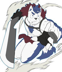  1boy absurdres animal_ear_fluff animal_ears bara bare_pectorals blue_doggo_(ttn) blue_fur blue_hair chest_harness chest_tuft clothes_lift dog_boy dog_ears facial_hair fighting_stance furry furry_male goatee_stubble harness highres holding holding_sword holding_weapon large_pectorals male_focus muscular muscular_male nervous_sweating original outstretched_arm pectorals pelvic_curtain pelvic_curtain_lift scar scar_across_eye short_hair solo stubble sweat sword thick_eyebrows ttn_(239_239) two-tone_fur weapon white_fur 