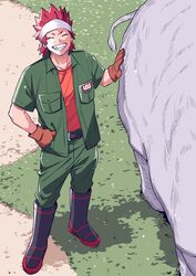  1boy ^_^ belt boku_no_hero_academia boots breast_pocket clenched_hand closed_eyes contrapposto facing_viewer from_above full_body gloves grass green_pants green_shirt grin hand_on_animal hand_on_own_hip headband highres kirishima_eijirou male_focus open_clothes open_shirt pants pants_tucked_in pocket red_hair red_shirt rhinoceros rubber_boots sato_unta sharp_teeth shirt short_hair short_sleeves smile solo spiked_hair teeth v-shaped_eyebrows yuei_school_logo zookeeper 