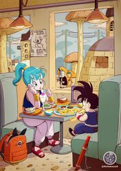  1boy bag black_hair blue_eyes blue_hair bo_staff booth_seating breasts bulma_briefs cafe commentary_request desert diner dragon_ball dragon_ball_(classic) eating female food highres holding ice_cream indoors lolicon norita_(6110885) open_mouth ponytail power_lines restaurant sandals school_bag sitting smile son_goku spiked_hair spoon staff table 