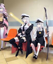  azur_lane bird black_coat black_skirt black_thighhighs bow_(weapon) breasts chick closed_eyes coat collared_shirt compound_bow duplicate eagle_union_(emblem) enterprise_(azur_lane) father_shot_by_son_(meme) gold_trim hat highres large_breasts little_enterprise_(azur_lane) long_hair meme military_hat miniskirt necktie overall_skirt peaked_cap photo_background pixel-perfect_duplicate pleated_skirt purple_eyes purple_hair shirt skirt sleeveless sleeveless_shirt suprii thighhighs underbust very_long_hair vestal_(azur_lane) weapon white_hair white_headwear white_shirt 