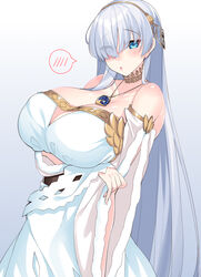  absurdres alternate_breast_size anastasia_(fate) bare_shoulders blue_eyes blush breasts choker cleavage commentary_request dress fate/grand_order fate_(series) female gradient_background hair_over_one_eye hairband highres huge_breasts jewelry long_hair looking_at_viewer necklace parted_lips simple_background solo spoken_blush watosu 