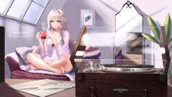  armchair azur_lane bad_id bad_pixiv_id bare_legs barefoot blonde_hair blue_eyes blush breasts chair closed_mouth collarbone commission crossed_legs cup drawing_(object) english_text feet female full_body hair_ribbon heterochromia holding holding_cup indoors legs lips long_hair looking_at_viewer medium_breasts mirror murmansk_(azur_lane) murmansk_(sceneries_of_pure_snow)_(azur_lane) nail_polish necomilk nightgown official_alternate_costume orange_nails pillow purple_eyes ribbon russian_text skeb_commission smile solo steam toenail_polish toenails toes white_nightgown window 