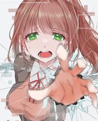  blazer breaking breasts broken broken_glass brown_hair brown_jacket commentary crying doki_doki_literature_club female fourth_wall frown glass glitch green_eyes hair_ribbon jacket long_hair looking_at_viewer medium_breasts monika_(doki_doki_literature_club) open_mouth orange_sweater_vest penyukime ponytail pov reaching reaching_towards_viewer ribbon sad school_uniform screen shattered sweater_vest tears teeth white_ribbon 