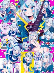  absurdres animal_costume animal_hood annotated blue_eyes blue_hair blue_hoodie blunt_bangs collage commentary_request female fins fish_tail gawr_gura gawr_gura_(1st_costume) grey_hair hair_ornament highres hololive hololive_english hood hoodie ichijo_rei long_sleeves medium_hair multicolored_hair shark_costume shark_girl shark_hair_ornament shark_hood shark_tail sharp_teeth sleeves_past_wrists solo streaked_hair tail teeth two_side_up virtual_youtuber wide_sleeves 