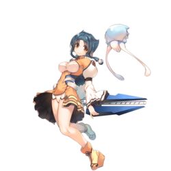  amazuyu_tatsuki animal_ears atuy breasts cleavage creature female full_body hair_tubes highres holding long_hair long_sleeves non-web_source official_art orange_eyes platform_footwear polearm sidelocks smile solo transparent_background utawarerumono utawarerumono:_itsuwari_no_kamen utawarerumono:_lost_flag weapon 