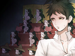  1boy ahoge balloon black_hair brown_eyes brown_hair claws collarbone collared_shirt commentary_request danganronpa_(series) danganronpa_2:_goodbye_despair freckles green_eyes hat hinata_hajime holding long_neck looking_back male_focus monokuma portrait sakuyu shirt short_hair sombrero white_shirt 