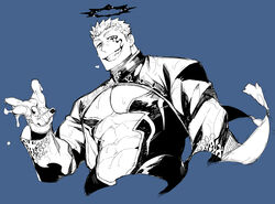  1boy abs_cutout absurdres angel bara black_nails blue_background blue_theme cleavage_cutout clothing_cutout commentary_request halo heart highres israfil_(housamo) large_pectorals looking_at_viewer male_focus monochrome muscular muscular_male naop_(anything) pectorals short_hair shrug_(clothing) simple_background smile solo teeth tokyo_afterschool_summoners upper_body 