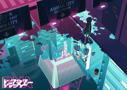  alternate_species anthro aquablue1992 basketball brand_new_animal canid canine city clothed clothing duo female fully_clothed hand_holding hi_res human japanese_text logo lonely mammal michiru_kagemori nazuna_hiwatashi perspective raccoon_dog reflection street studio_trigger tanuki text uniform 