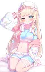  ;) absurdres arm_up backwards_hat baseball_cap blonde_hair blue_shirt blue_shorts blush bow braid breasts closed_mouth commentary_request cropped_shirt female green_eyes hair_ornament hairbow hat headphones headphones_around_neck highres hololive jacket kazama_iroha kazama_iroha_(streetwear) leaf_hair_ornament long_hair long_sleeves looking_at_viewer masaki_(msk064) navel off_shoulder one_eye_closed open_clothes open_jacket pink_jacket puffy_long_sleeves puffy_sleeves seiza shirt short_shorts shorts single_braid sitting sleeves_past_wrists small_breasts smile solo v very_long_hair virtual_youtuber white_background white_bow white_hat 