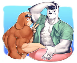  2boys animal_ear_fluff animal_ears bara blue_doggo_(ttn) blue_fur blue_hair dog_boy dog_ears facial_hair furry furry_male goatee_stubble goggles goggles_on_head hand_in_own_hair highres innertube large_pectorals looking_back male_focus multiple_boys muscular muscular_male nipples open_clothes open_shirt original pectoral_cleavage pectorals short_hair stubble swim_ring thick_eyebrows ttn_(239_239) two-tone_fur v white_fur 