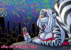  2020 anthro beverage big_breasts blue_eyes breasts champagne_glass cleavage clothed clothing container cup drinking_glass english_text exclamation_point felid female fireworks fluffy fluffy_tail fur glass glass_container glass_cup hair hi_res holding_beverage holding_object holidays huge_breasts hybrid inner_ear_fluff lingerie long_hair looking_up mammal max_blackrabbit mephitid new_year pantherine pink_nose skunk skyline smile solo striped_body striped_fur stripes tail text tiger tuft white_hair zig_zag 